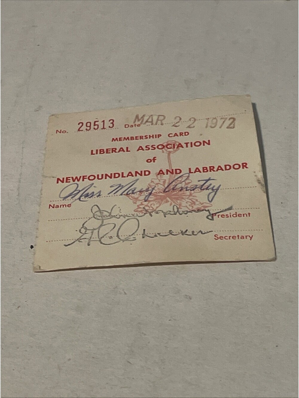 1972 Liberal Association Of Newfoundland And Labrador Canada Membership Card
